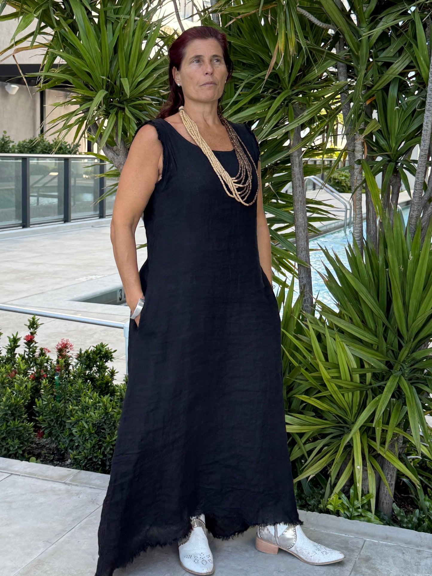 Frayed Edge Linen Long Dress