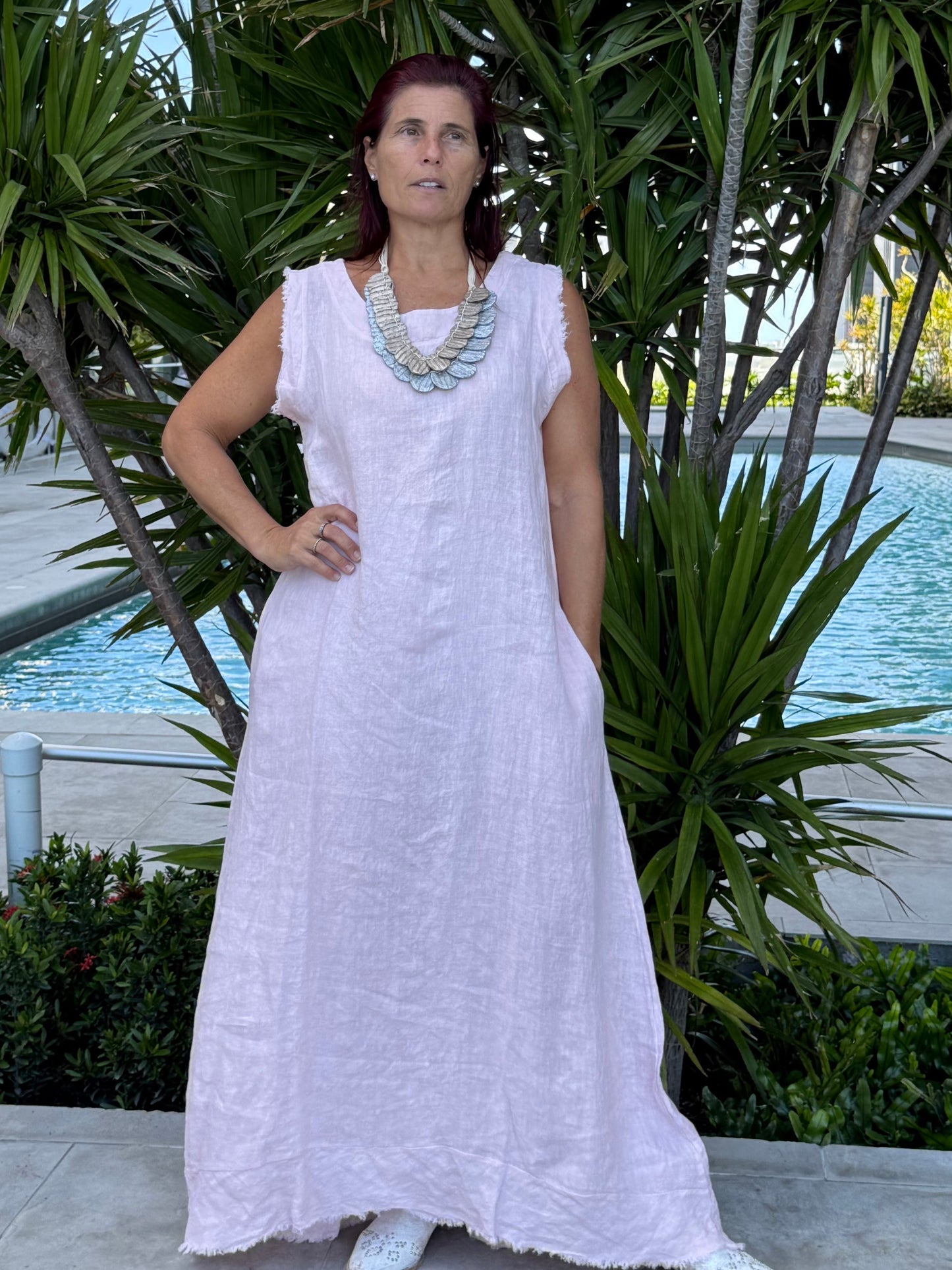 Frayed Edge Linen Long Dress