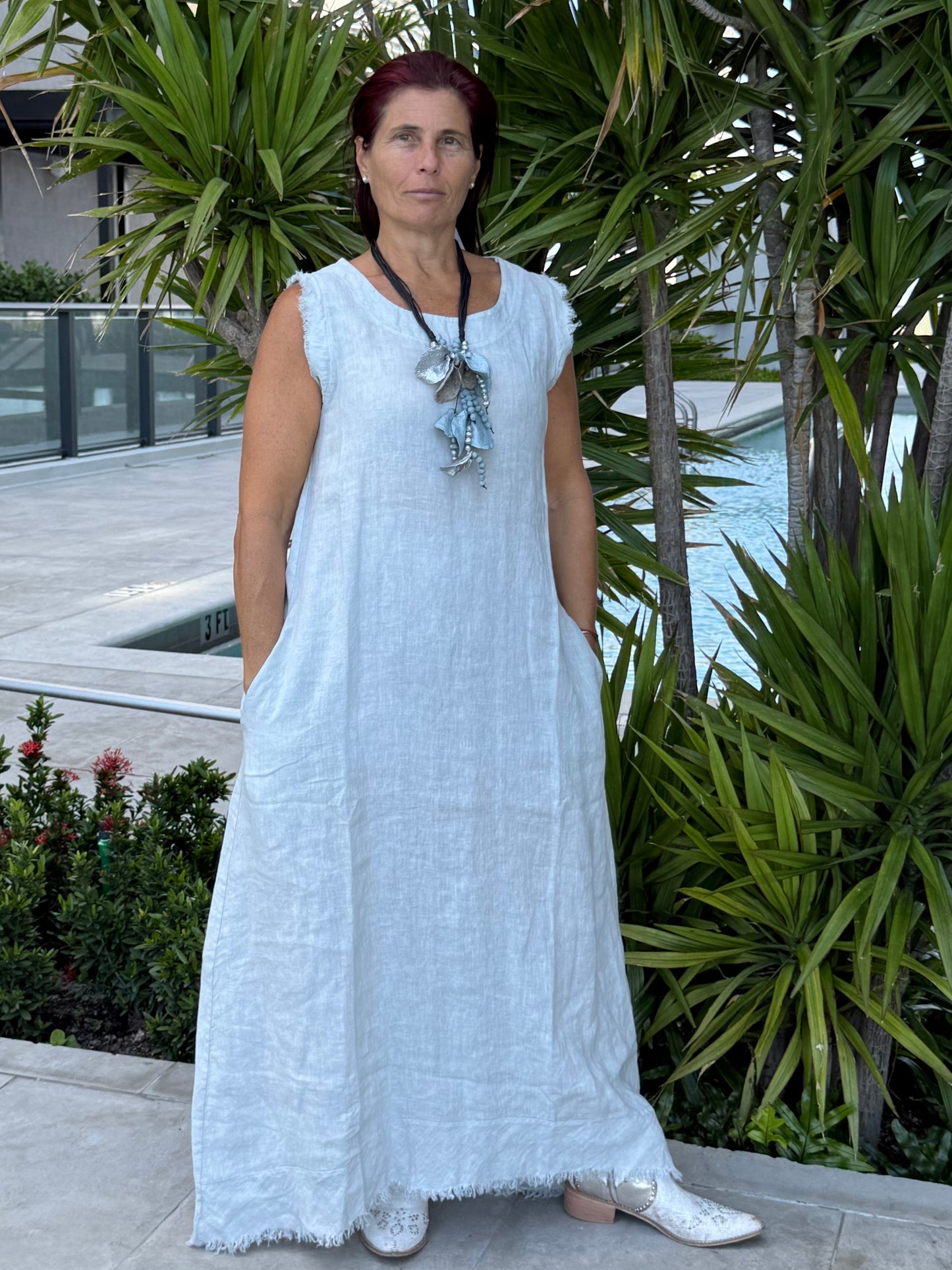Frayed Edge Linen Long Dress