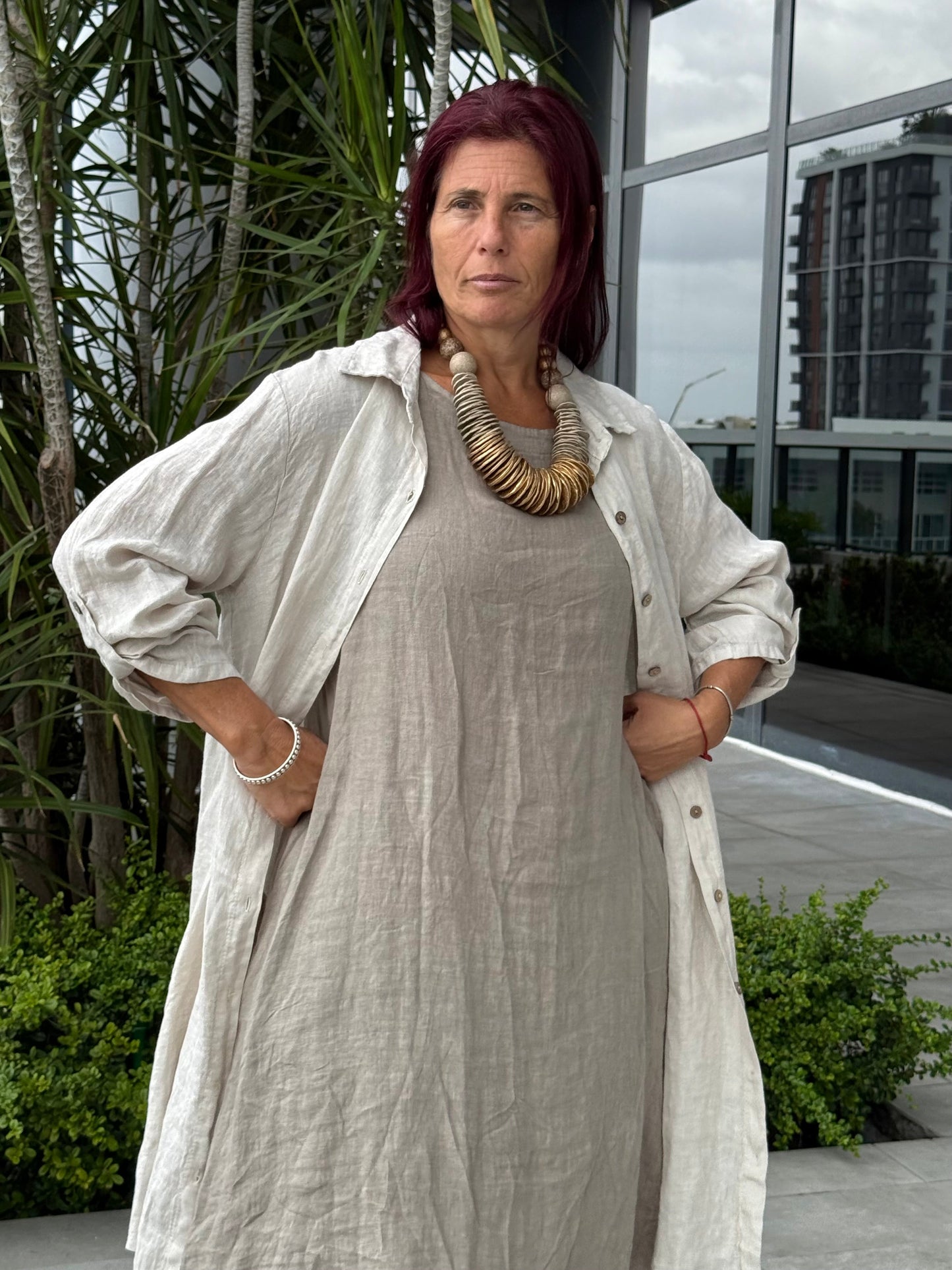 Mid-Length Linen Button-up Linen Shirt Dress