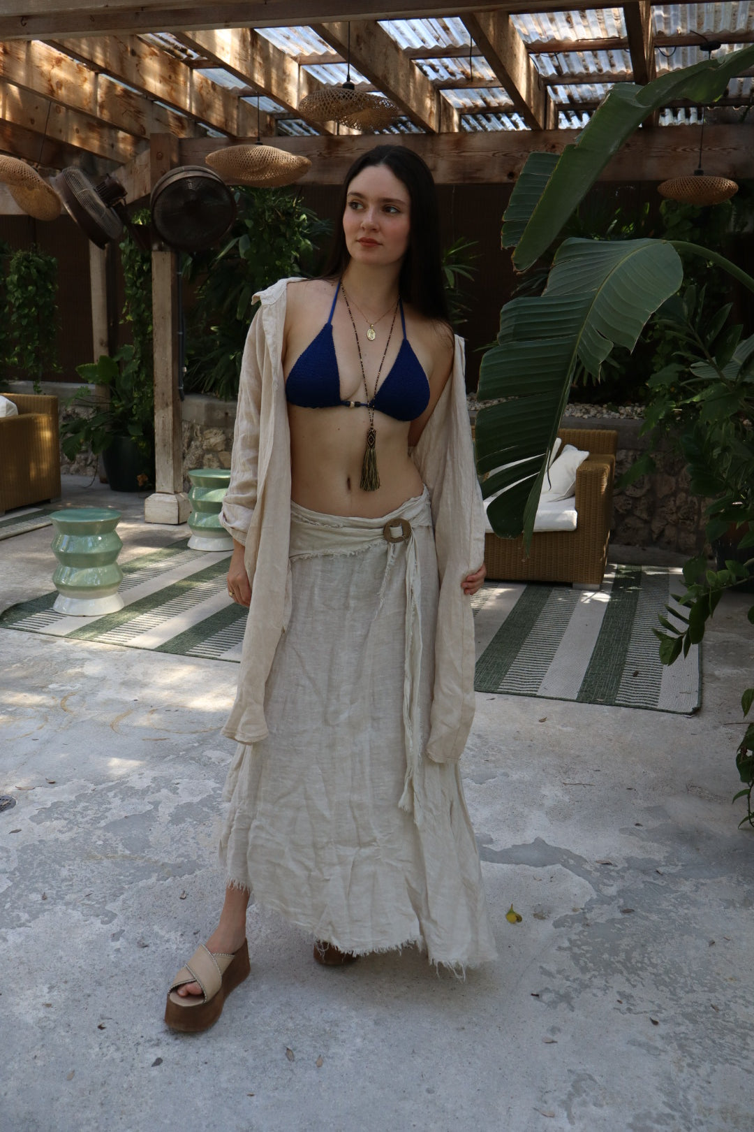 Mid-Length Linen Button-up Linen Shirt Dress