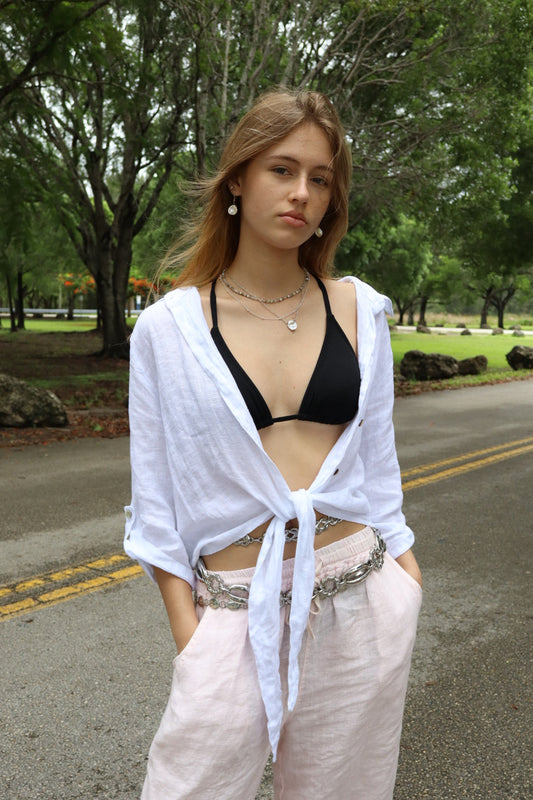 Linen Tie-Front Button-up Shirt