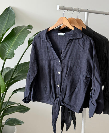 Linen Tie-Front Button-up Shirt