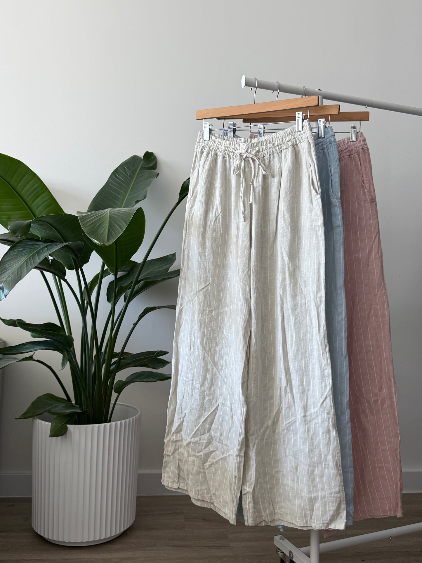Straight White Striped Linen Pants