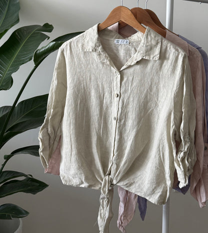 Linen Tie-Front Button-up Shirt