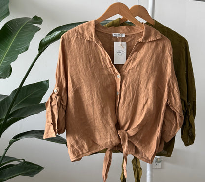Linen Tie-Front Button-up Shirt