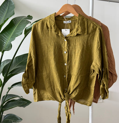 Linen Tie-Front Button-up Shirt
