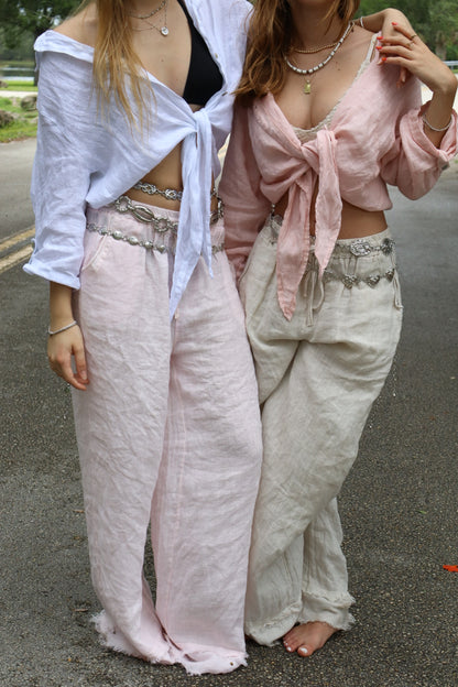 Linen Tie-Front Button-up Shirt