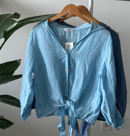 Linen Tie-Front Button-up Shirt