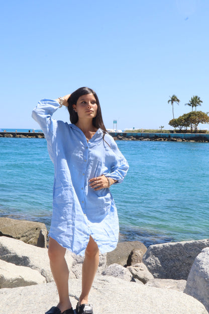 Mid-Length Linen Button-up Linen Shirt Dress