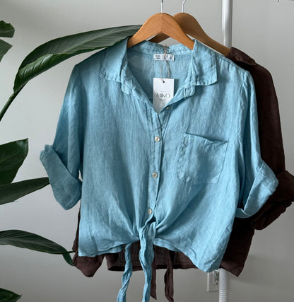 Linen Tie-Front Button-up Shirt