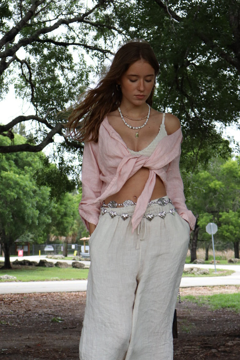 Linen Tie-Front Button-up Shirt