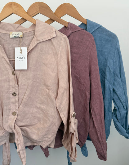 Linen Tie-Front Button-up Shirt