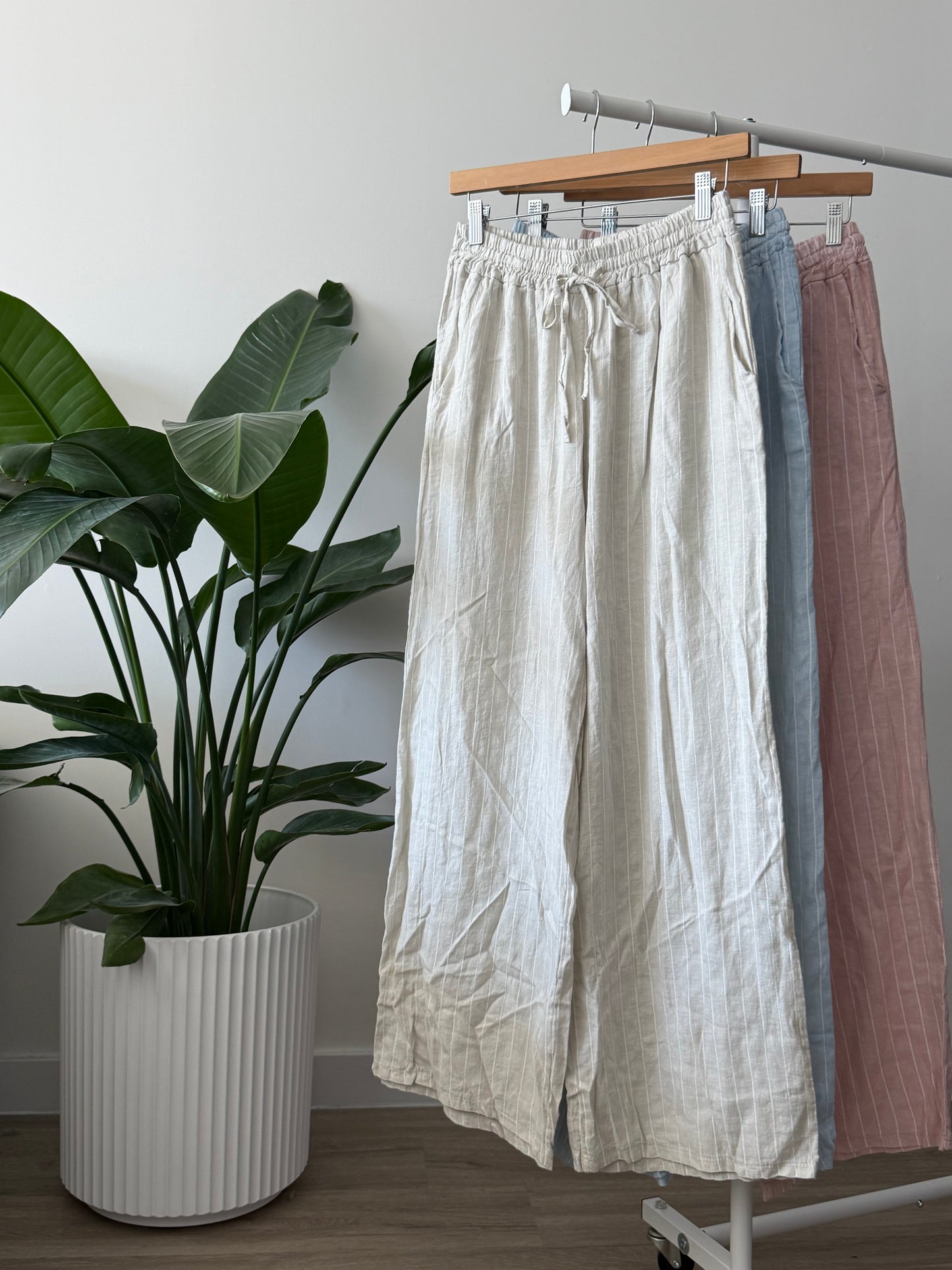 Straight White Striped Linen Pants