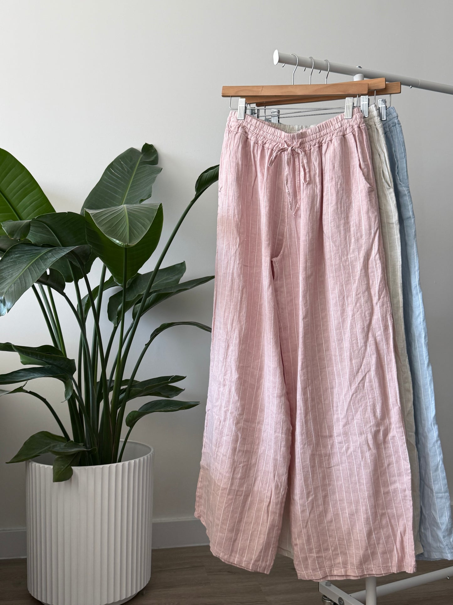 Straight White Striped Linen Pants