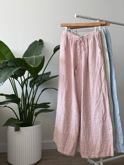 Straight White Striped Linen Pants