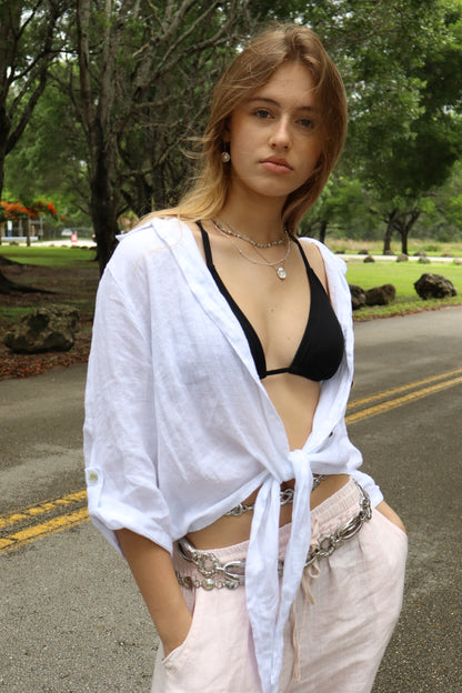 Linen Tie-Front Button-up Shirt