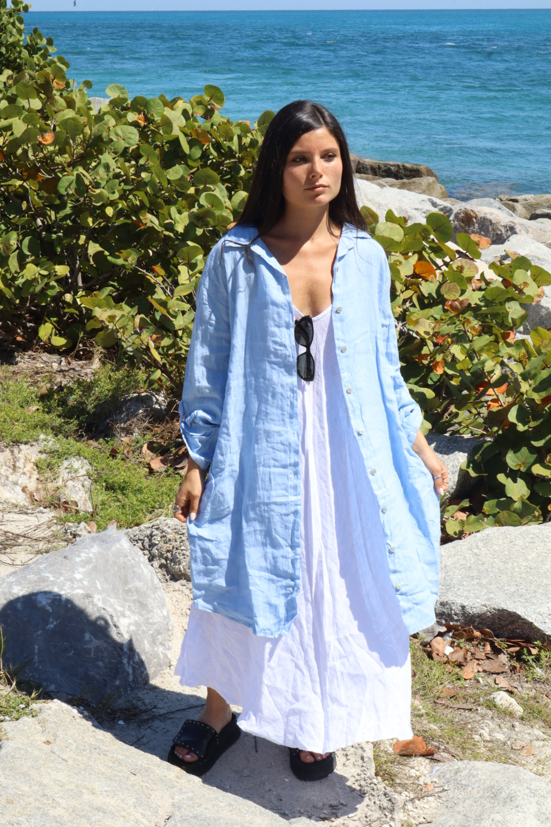 Mid-Length Linen Button-up Linen Shirt Dress