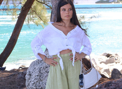 Linen Tie-Front Button-up Shirt