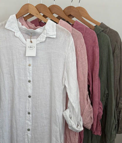 Mid-Length Linen Button-up Linen Shirt Dress