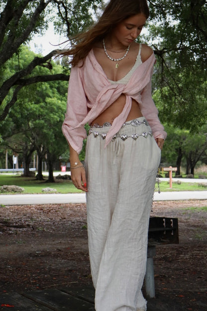 Linen Tie-Front Button-up Shirt