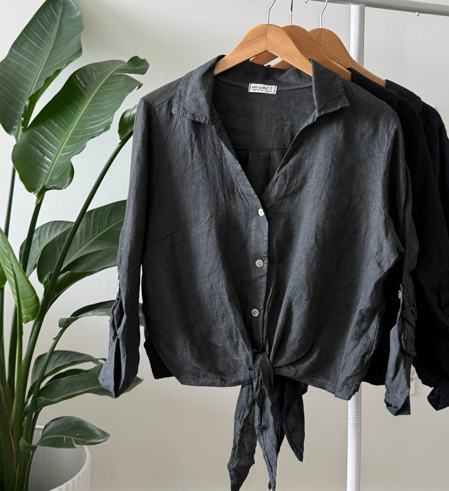 Linen Tie-Front Button-up Shirt