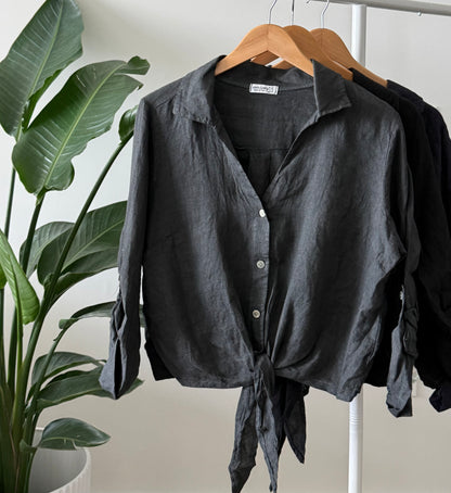 Linen Tie-Front Button-up Shirt