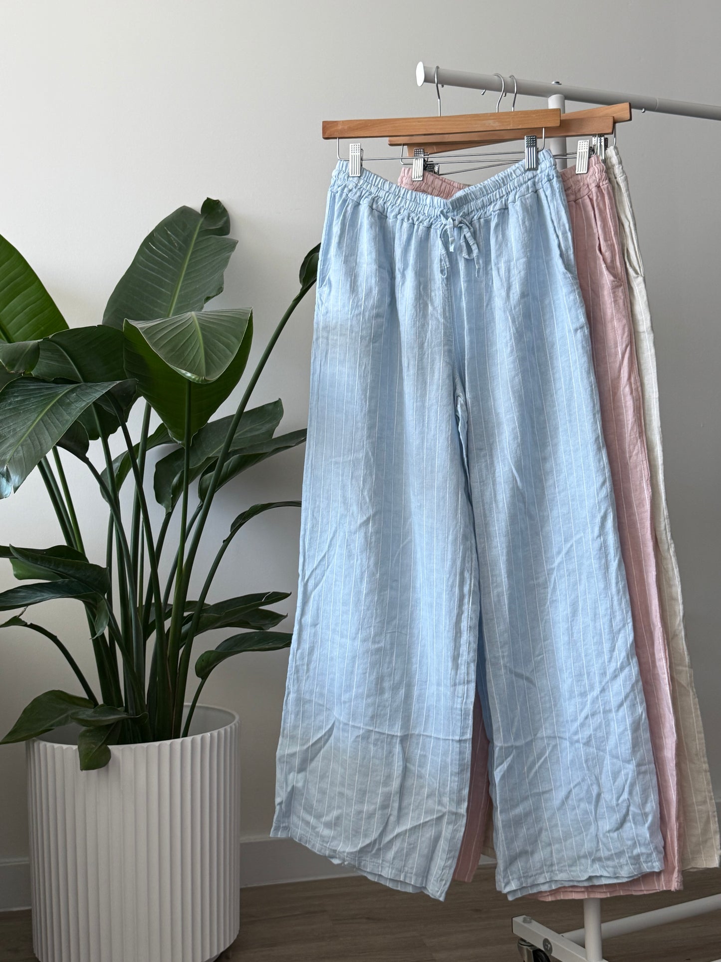 Straight White Striped Linen Pants