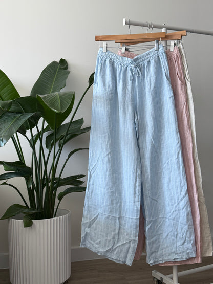 Straight White Striped Linen Pants