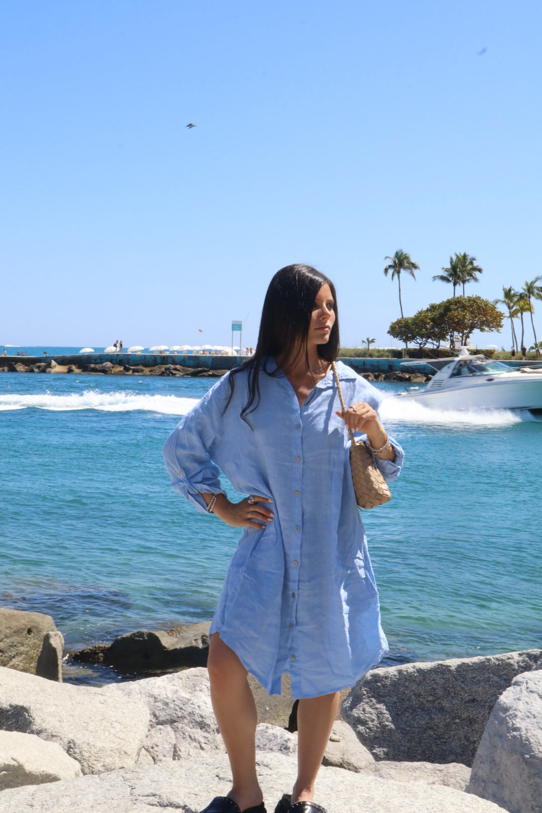 Mid-Length Linen Button-up Linen Shirt Dress