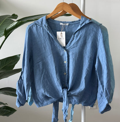 Linen Tie-Front Button-up Shirt