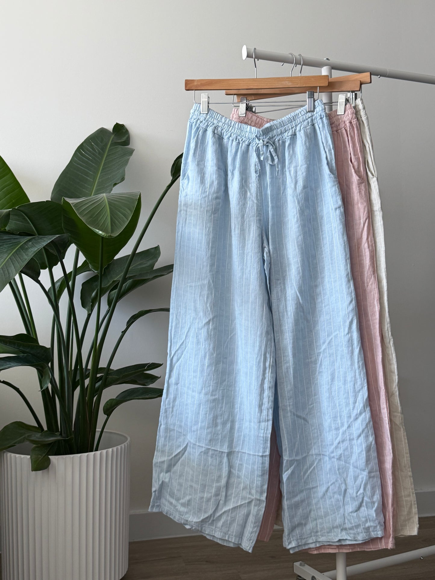 Straight White Striped Linen Pants