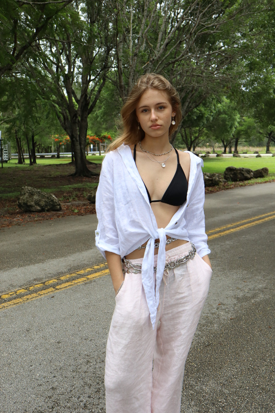 Linen Tie-Front Button-up Shirt