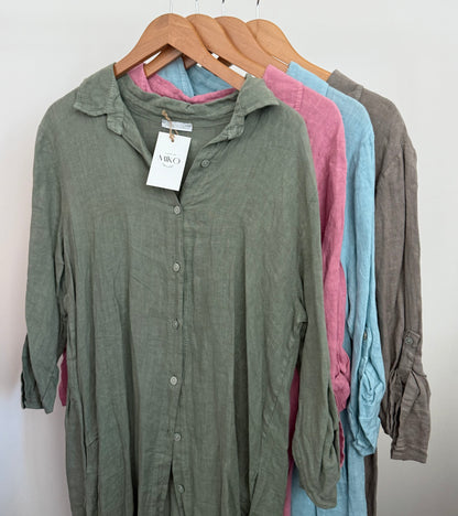 Mid-Length Linen Button-up Linen Shirt Dress