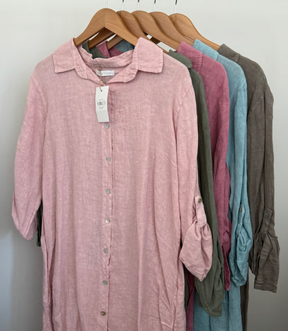 Mid-Length Linen Button-up Linen Shirt Dress