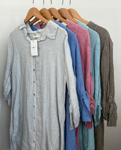 Mid-Length Linen Button-up Linen Shirt Dress