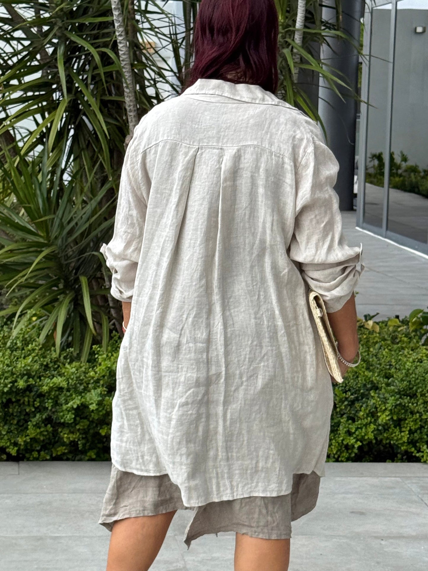 Mid-Length Linen Button-up Linen Shirt Dress