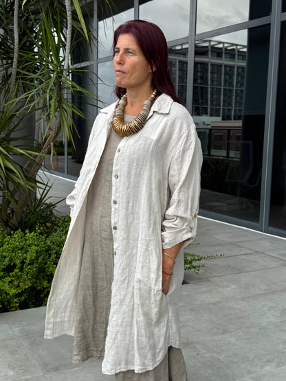 Mid-Length Linen Button-up Linen Shirt Dress
