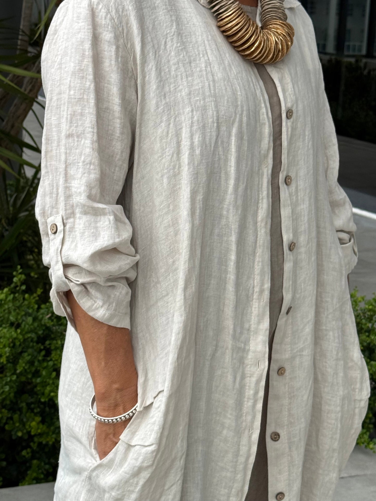 Mid-Length Linen Button-up Linen Shirt Dress