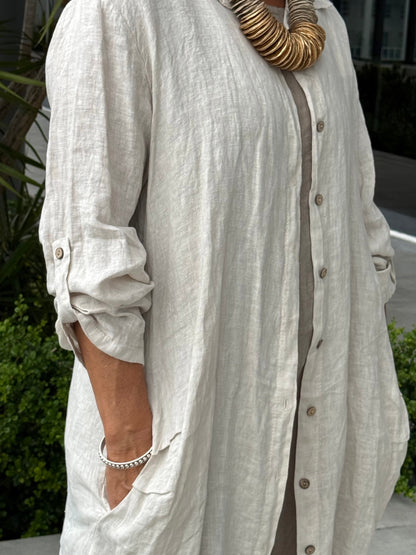 Mid-Length Linen Button-up Linen Shirt Dress