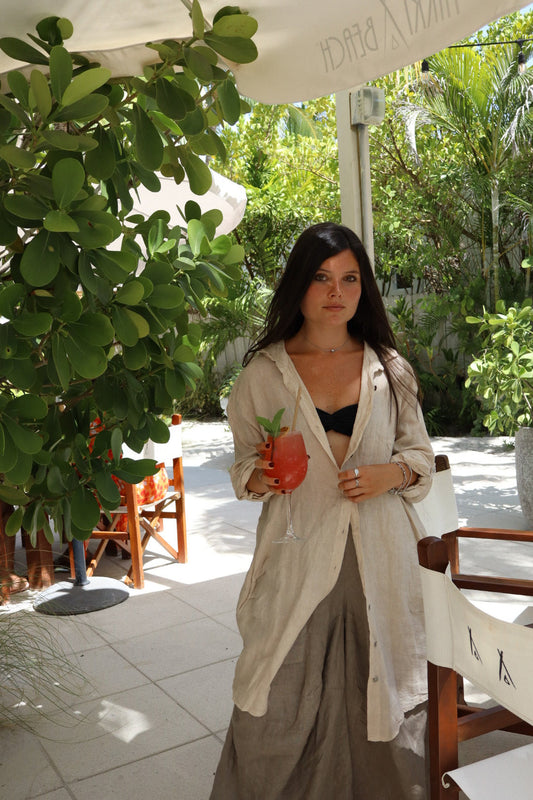 Mid-Length Linen Button-up Linen Shirt Dress