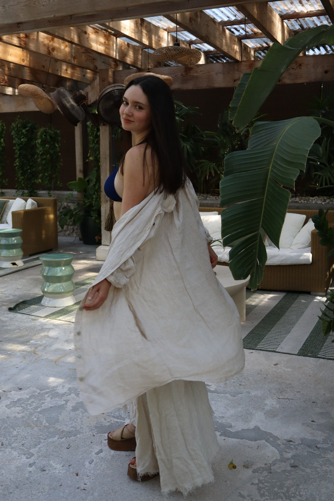Mid-Length Linen Button-up Linen Shirt Dress