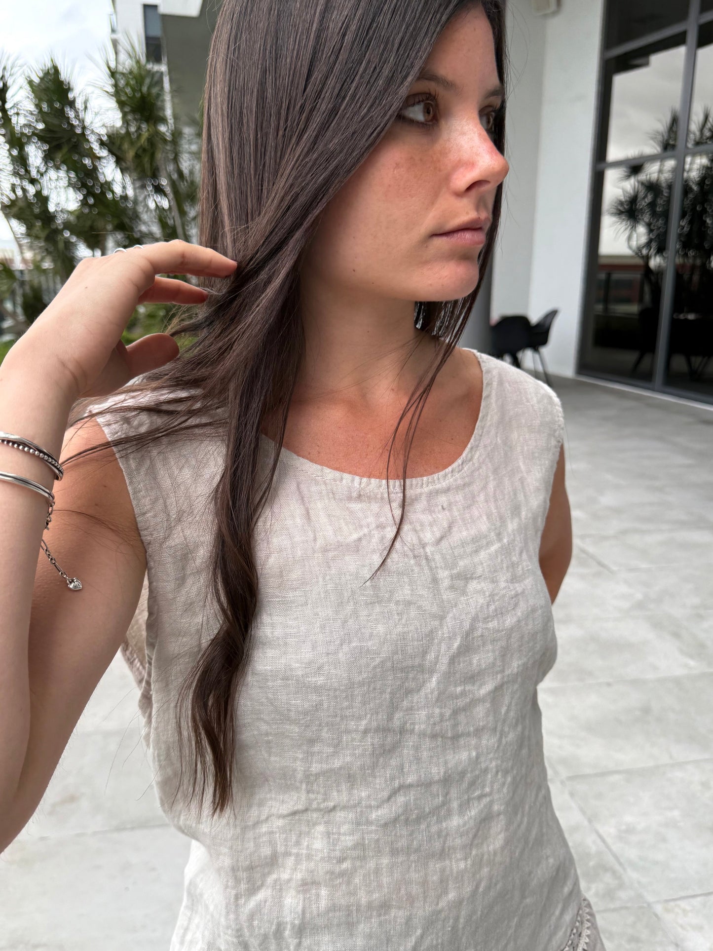 Sleeveless Linen Shirt with Crochet Trim
