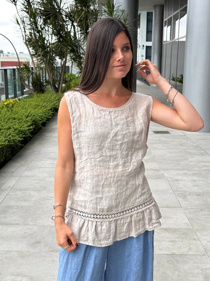 Sleeveless Linen Shirt with Crochet Trim