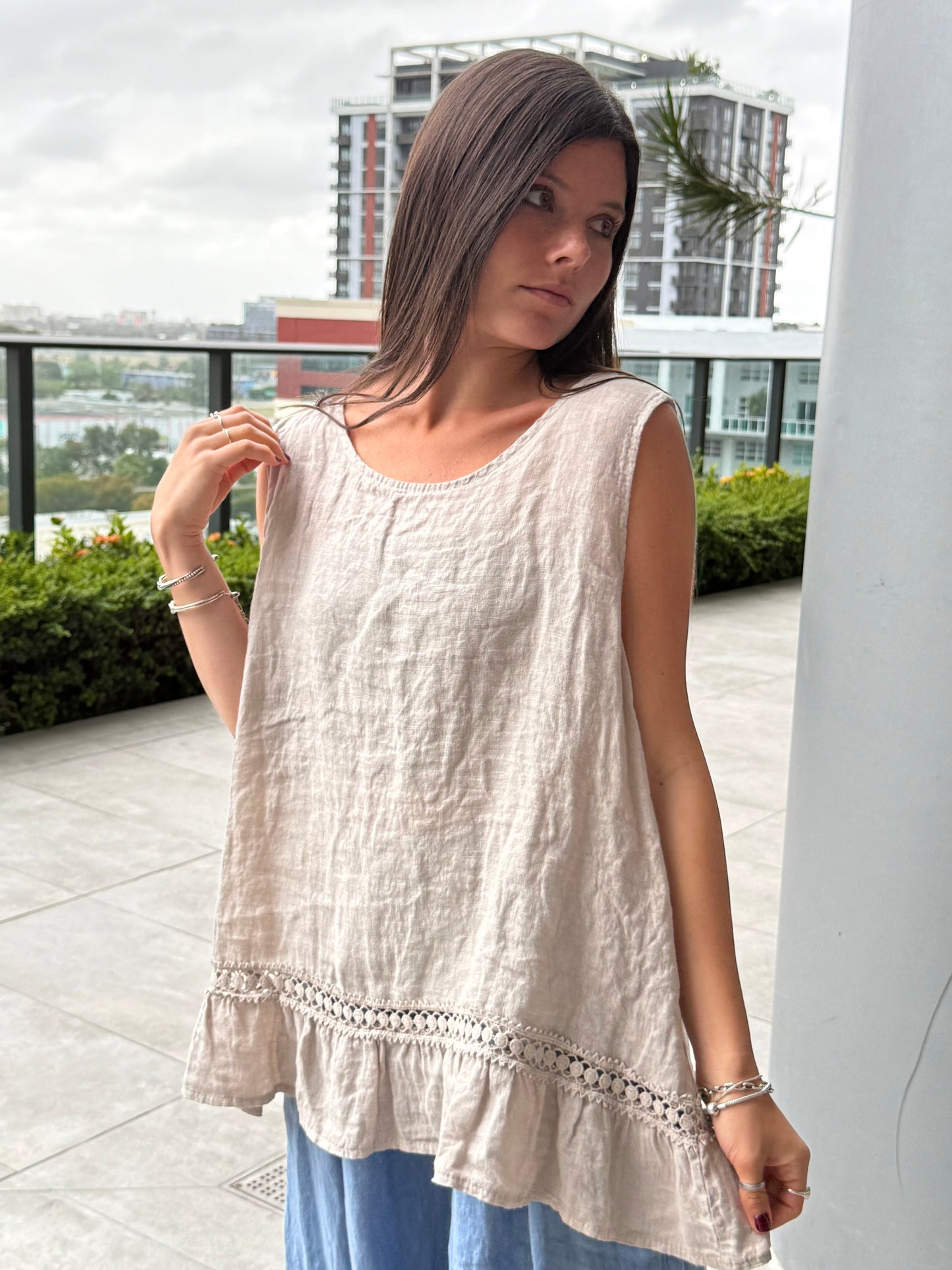 Sleeveless Linen Shirt with Crochet Trim