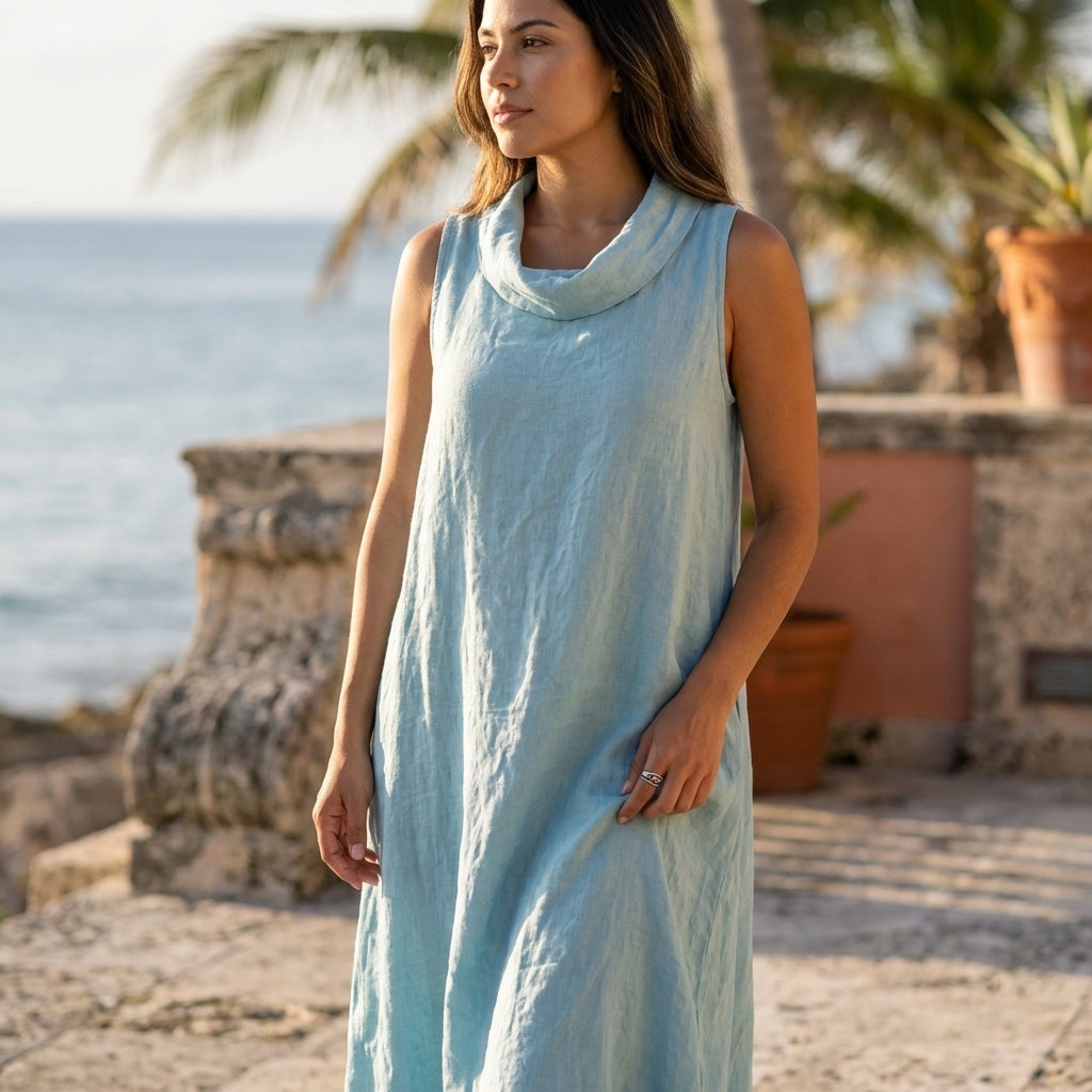 Wide Neck Linen Long Dress