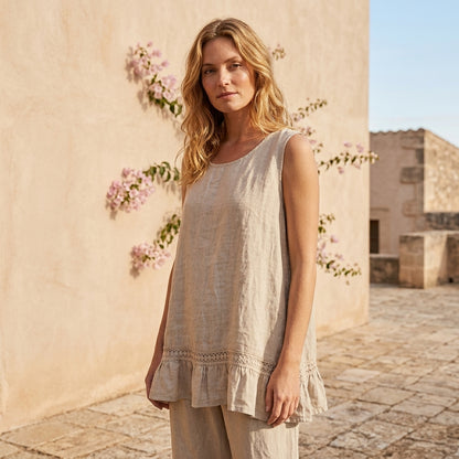 Sleeveless Linen Shirt with Crochet Trim