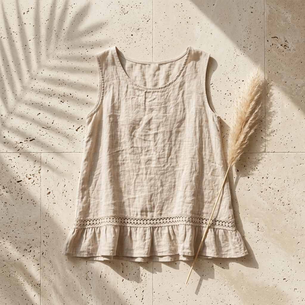 Sleeveless Linen Shirt with Crochet Trim