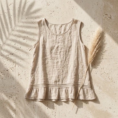 Sleeveless Linen Shirt with Crochet Trim