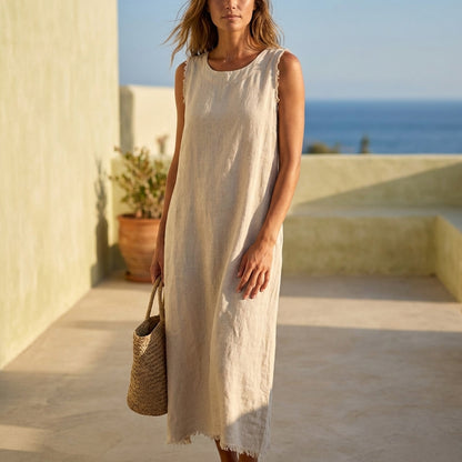 Frayed Edge Linen Long Dress